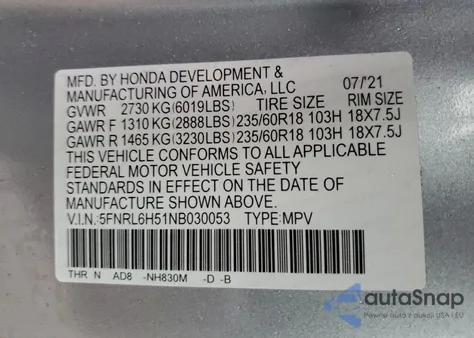 2022 Honda Odyssey Ex z USA, uszkodzony, nr VIN 5FNRL6H51NB030053